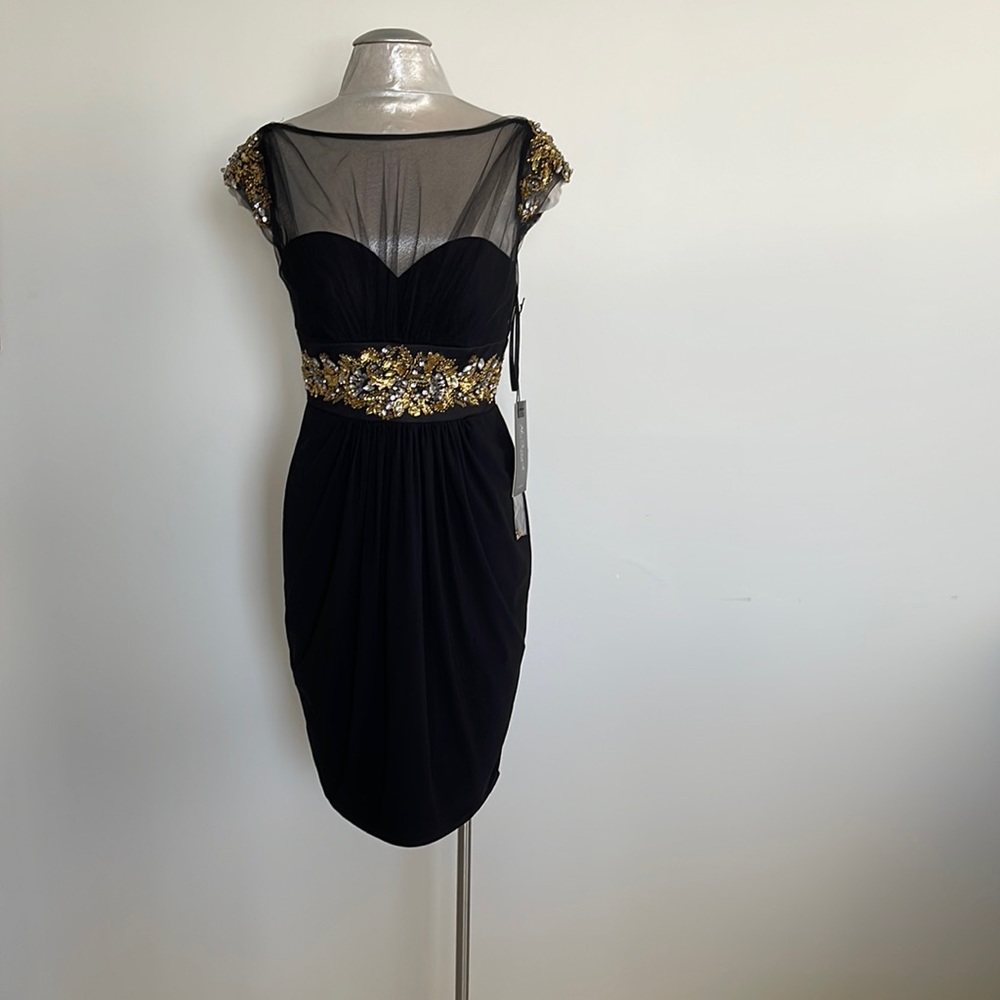 NWT! MacDuggal dress black gold size 8 gold stones and sequence shoulders/waist